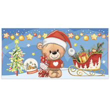 Vianočná scéna s medvedíkom, vianočným stromčekom, snehovou guľou a sánkami