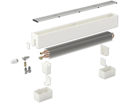 Detailný pohľad na radiátor s krytom a montážnym príslušenstvom