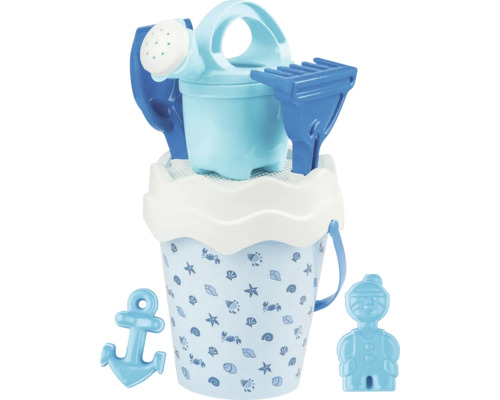 Sada hračiek na pláž s vedierkom, kanvou, lopatou, hrabľami, kotvou a formičkami