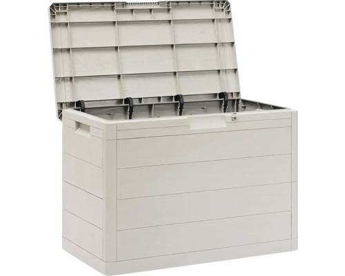 Otvorený sivý záhradný box na uskladnenie