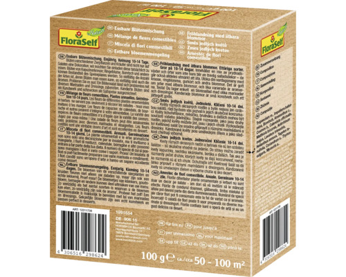 Balenie zmesi jedlých kvetov FloraSelf s informáciami o zložení a použití