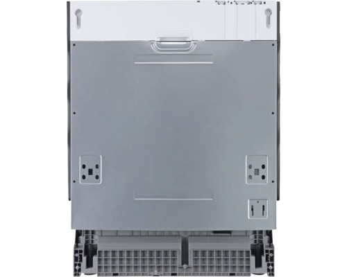 Pohľad zozadu na umývačku riadu s montážnymi bodmi a nastaviteľnými nožičkami.