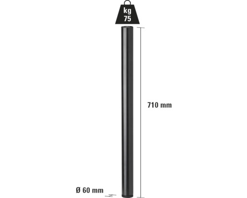 Kovový stĺpik s rozmermi 710 mm dĺžky a 60 mm priemeru, symbol hmotnosti 75 kg