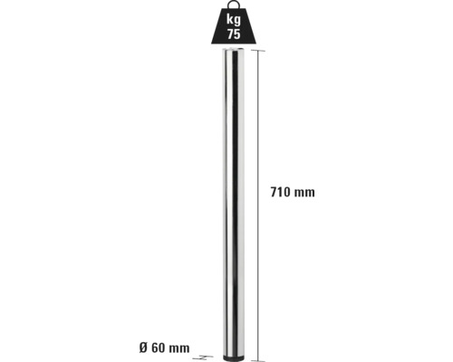 Kovová nábytková noha, dĺžka 710 mm a priemer 60 mm