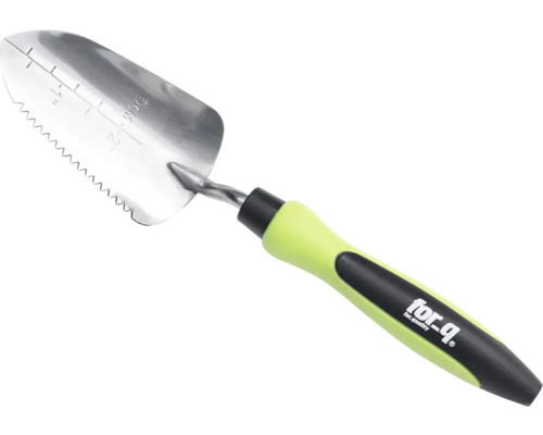 Oceľová záhradná lopatka s meracou stupnicou a zúbkovaným okrajom