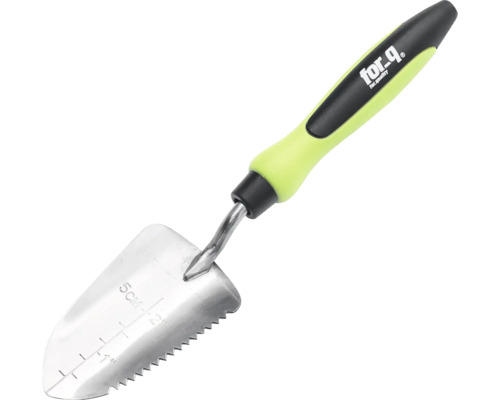 Kovová ručná lopatka so zubatým okrajom a logom for.q