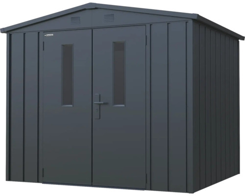 Kovová záhradná búda s dvojkrídlovými dverami a oknami