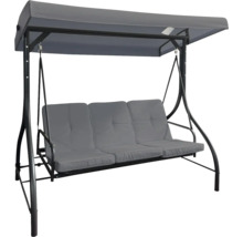 Sivá záhradná hojdačka pre tri osoby so slnečnou strieškou.