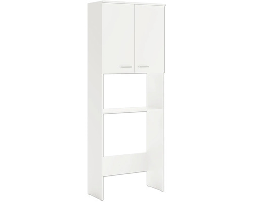 Biela skrinka na práčku s dvomi dvierkami a otvorenými policami.