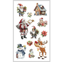 Ilustrácia s vianočnými motívmi ako Santa Claus, sob, snehuliak, dom a škriatok