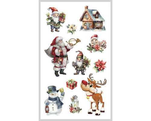 Vianočná mini nálepka 8x14 cm 11 ks Ilustrácia s vianočnými motívmi ako Santa Claus, sob, snehuliak, dom a škriatok