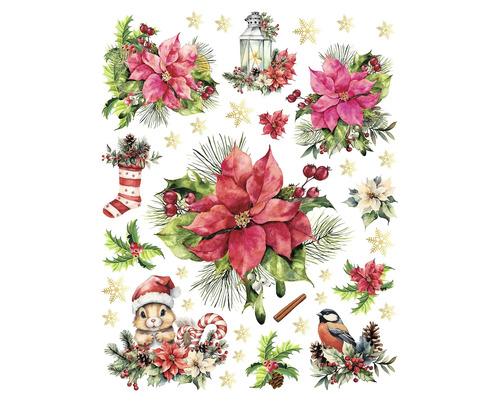 Dekoratívne vianočné motívy s kvetmi, lampášom, pančuchou, veveričkou, vtákom a snehovými vločkami