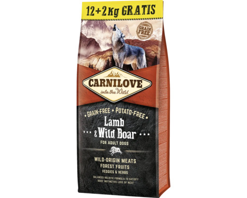 Granule pre psov Carnilove Lamb & Wild Board for Adult 12+2 kg Carnilove suché krmivo pre psov s jahňacím a diviakom pre dospelých psov, bez obilnín, balenie 12+2 kilogramy