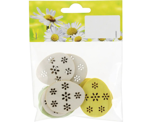 Vajcia drevené 12 x 9,5 x 2 cm 12 ks Dekoratívne drevené veľkonočné vajíčka s kvetinovým vzorom v balení