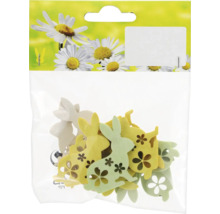 Dekoratívny veľkonočný zajačik z dreva s výrezmi v tvare kvetov v balení