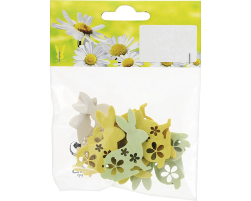 Zajac drevený 9,5 x 12 x 2 cm 12 ks Dekoratívny veľkonočný zajačik z dreva s výrezmi v tvare kvetov v balení