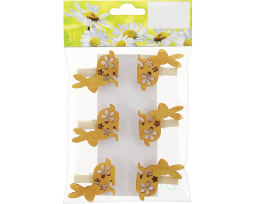 Kolíčky zajac 6 ks Balenie šiestich drevených štipcov na bielizeň v tvare zajačika s kvetinovým dizajnom