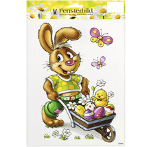 Obrázok do okna s veľkonočným zajačikom, kuriatkom, motýľmi a veľkonočnými vajíčkami v trakáři