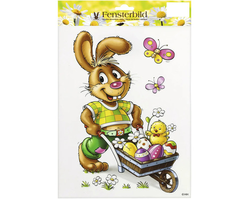 Obrázok do okna s veľkonočným zajačikom, kuriatkom, motýľmi a veľkonočnými vajíčkami v trakáři