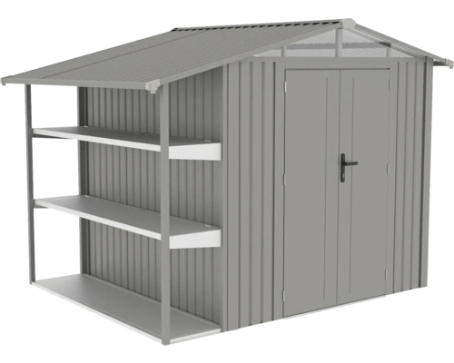 Kovová záhradná búda s policami a dvojkrídlovými dverami