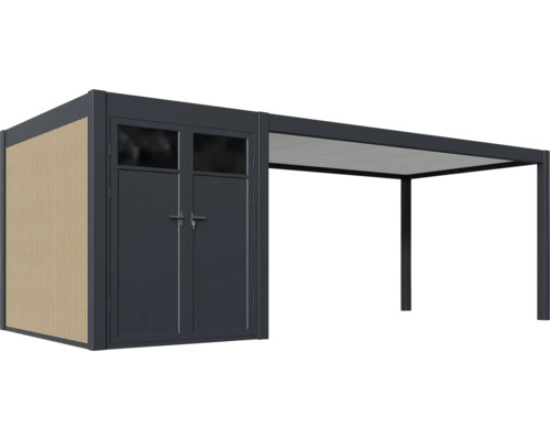 Záhradný domček s dvojkrídlovými dverami a integrovaným prístreškom