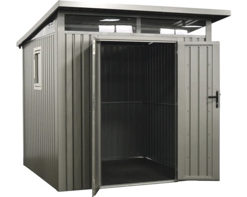 Kovový záhradný domček s dvojkrídlovými dverami a oknom