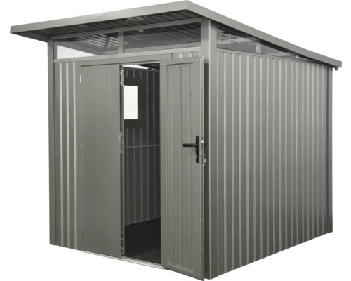 Kovový záhradný domček s otvorenými dvojkrídlovými dverami