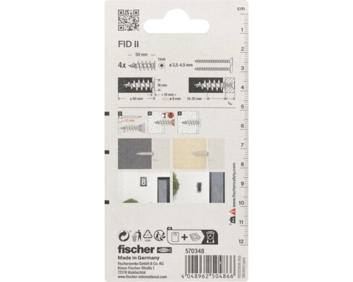 Balenie hmoždiniek Fischer FID II s montážnym návodom a informáciami o skrutkách
