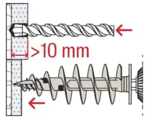 Ilustrácia skrutky s uvedením minimálnej hĺbky 10 milimetrov