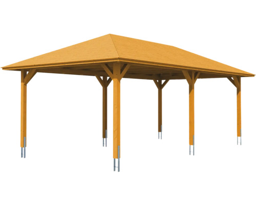 Drevený záhradný pavilón s obdĺžnikovou strechou a podpornými piliermi