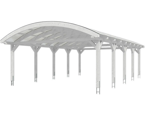 Biele drevené parkovacie státie s oblúkovou strechou