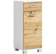 Vysoká skriňa s dvomi zásuvkami a dvomi dvierkami s dreveným dekorom do kúpeľne