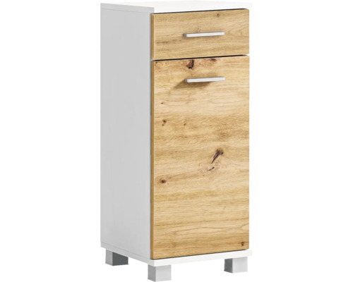 Kúpeľňová skrinka nízka Möbelpartner Palermo dub 30,3 x 75,3 x 32,6 cm Vysoká skriňa s dvomi zásuvkami a dvomi dvierkami s dreveným dekorom do kúpeľne