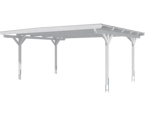 Biely drevený prístrešok pre auto s kovovými kotvami