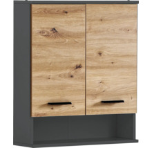 Závesná skrinka s dvomi dvierkami vo vzhľade dreva a otvorenou policou