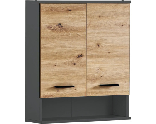 Závesná skrinka s dvomi dvierkami vo vzhľade dreva a otvorenou policou