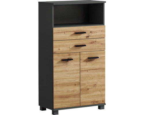 Komoda so zásuvkami a dvierkami vo vzhľade dreva