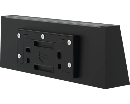 Pohľad zozadu na čierne vonkajšie svietidlo s montážnou doskou