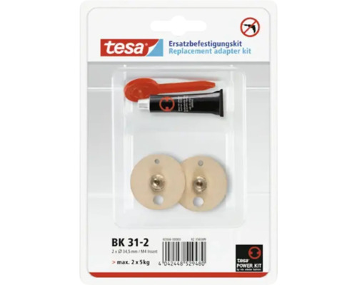 Náhradná upevňovacia súprava Tesa s lepidlom, dvoma adaptérmi a aplikačnou pomôckou v balení
