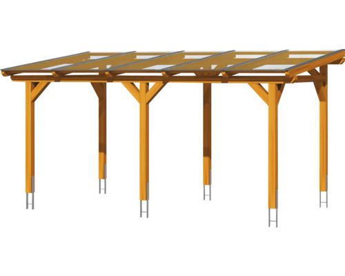 Drevený carport so šiestimi stĺpikmi a priehľadnou strechou