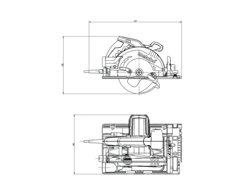Technický nákres ručnej okružnej píly Metabo s rozmermi
