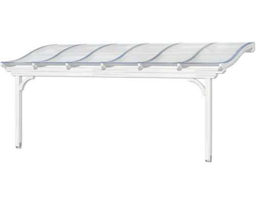 Prístrešok s priehľadnou strechou a bielymi podperami