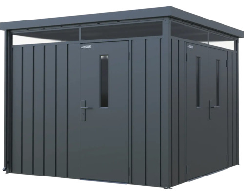 Kovová záhradná chatka s dvomi dverami a oknami