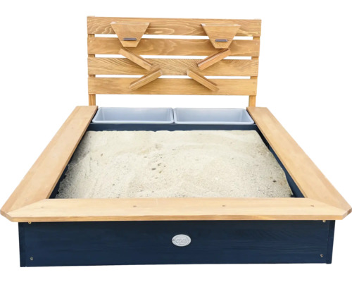 Drevené pieskovisko s dvomi pieskovými lievikmi a dvomi plastovými nádobami