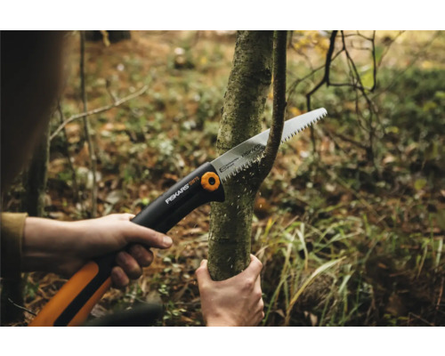 Osoba pília konár ručnou pílou.