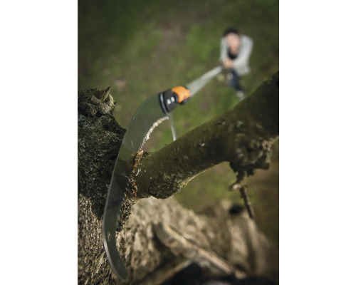 Prerezávacia píla reže konár stromu v záhrade