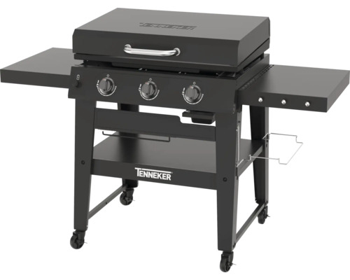 Čierny plynový gril Tenneker s tromi horákmi, odkladacími plochami a kolieskami