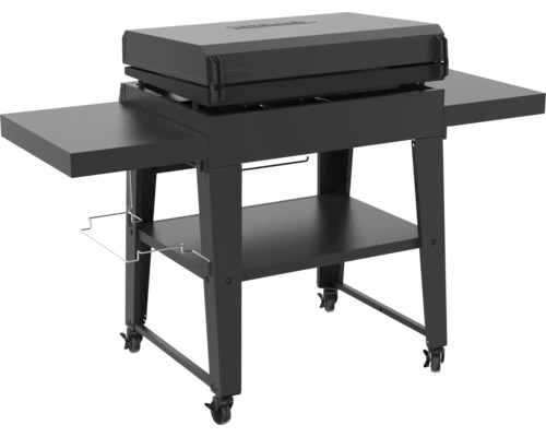 Čierny grilovací vozík s odkladacími plochami a kolieskami