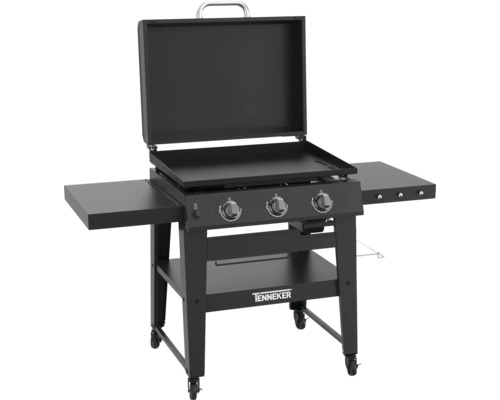 Čierny plynový gril s tromi horákmi, krytom a odkladacími plochami po stranách