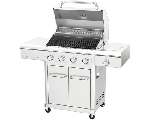 Grilovací vozík z nehrdzavejúcej ocele s otvoreným vekom a štyrmi horákmi